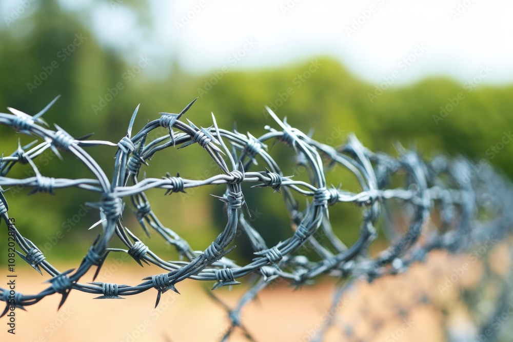 Poster A close-up view of a barbed wire fence, ideal for use in scenes where confinement or security is the focus