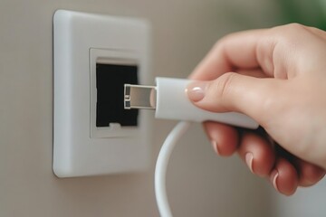 A hand plugging a USB cable into a wall socket, demonstrating modern connectivity and the importance of technology in everyday life.