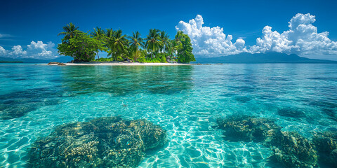 Tropical Island Paradise with Clear Sea, Vibrant Coral Reefs, and Bright Blue Sky