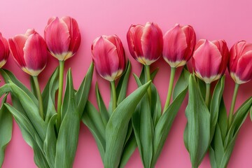 Fototapeta premium Vibrant Red and Pink Tulips Lined Up Beautifully on a Soft Pink Background, Perfect for Celebrations, Spring Designs, or Floral Arrangements in Fresh Decor