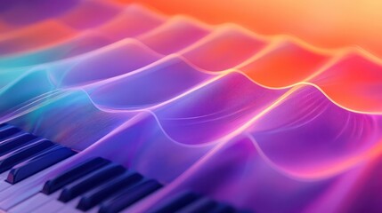 Abstract piano keys dissolve into fluid waves on a surreal background
