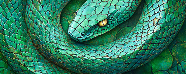 Fototapeta premium A close-up top view of a vibrant green snake with a rich texture, encircling the center of the frame, symbolizing protection and growth, generative AI.