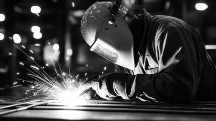 Obraz premium A worker welding metal, with bright sparks flying and a focused expression on his face.