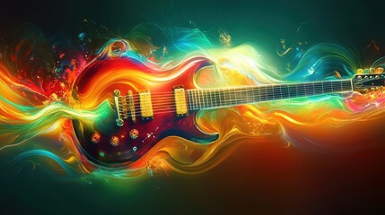 Fototapeta premium Fragmented guitar shapes surrounded by glowing waves on a smooth background