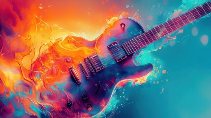 Naklejka premium Fragmented guitars dissolve into splashes on a glowing smooth backdrop