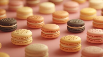 Obraz premium An assortment of colorful macaron cookies arranged neatly on a pastel background.