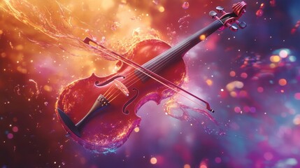 Fototapeta premium Violin dissolves into splashes on a glowing vibrant background