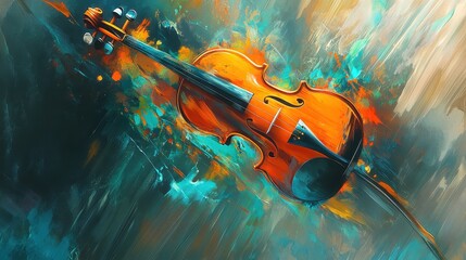 Fototapeta premium Neon violins dissolve into fluid waves on a smooth creative backdrop