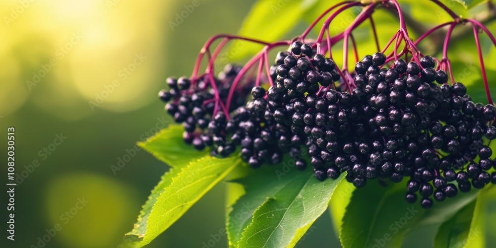 Poster a close-up view of a bunch of berries growing on a tree branch, ready to be harvested