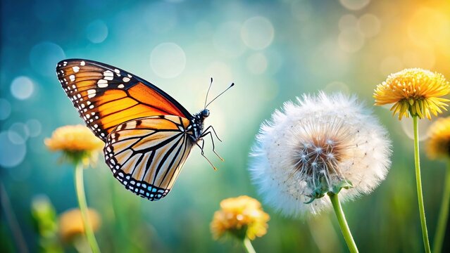 Fototapeta Close-up of butterfly on dandelion flower against light background
