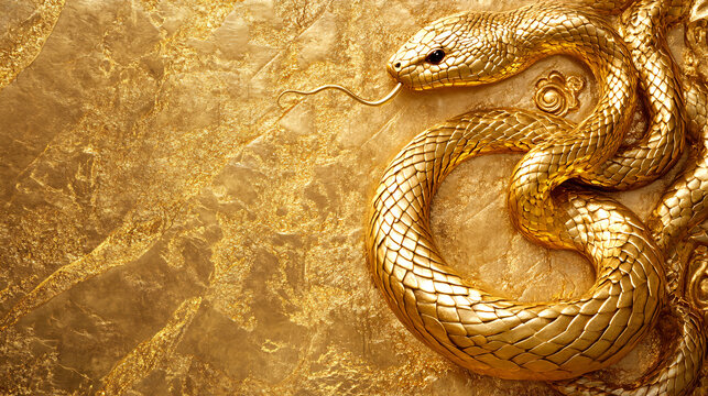 graceful gold snake with textured scales, spiraling around the center of the frame in a luxurious design from a top view, symbolizing wealth and good fortune in Feng Shui, generative AI.