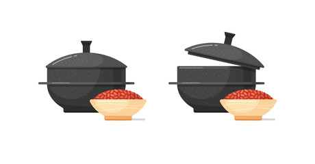 Gamasot and red yeast rice in ceramic or wooden bowl. Korean pot for stew and boil hot soup and spicy sauce. Icons of black asian iron cauldrons with lids. Vector cartoon isolated illustrations
