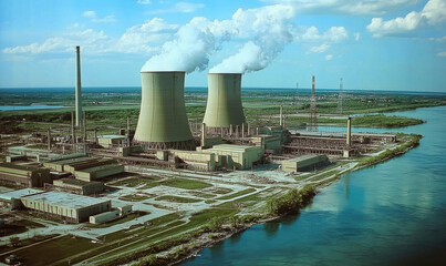 Obraz premium Aerial view of nuclear power plant with cooling towers emitting steam
