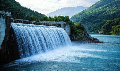 Powerful waterfall cascading over dam in mountainous landscape