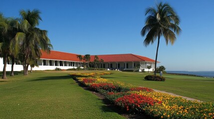 Fototapeta premium Scenic Coastal Resort with Colorful Flower Beds and Palm Trees Under Clear Blue Sky, Perfect for Relaxation and Leisure Activities Near the Beachfront