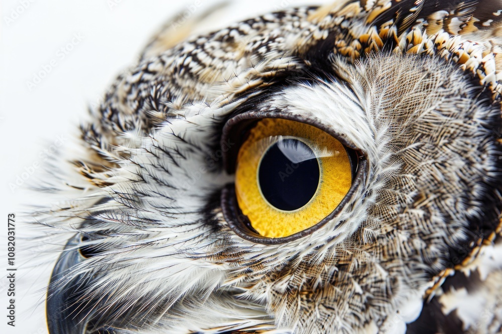 Poster a close-up image of an owl's eye on a white background, suitable for use in nature or wildlife-relat