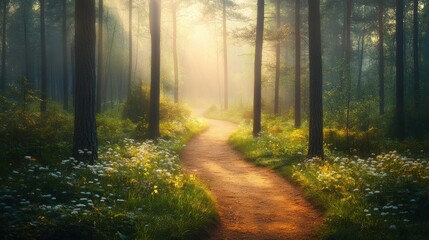 Naklejka premium A Sunlit Path Through a Misty Forest