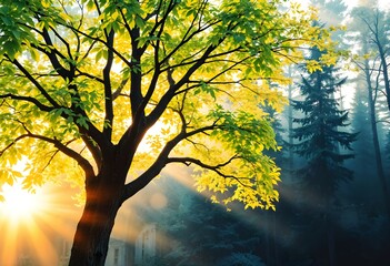 Sunlit Forest: Rays of Dawn Through Lush Greenery