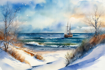 watercolor baltic sea winter ocean landscape