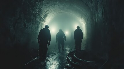 Miners in hard hats and gear descending into a dark underground mine with headlamps.