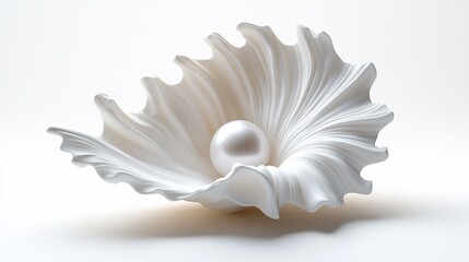 A single, perfectly round pearl rests inside a white seashell with a ruffled, organic texture. The pearl is smooth and glossy, and the shell has a delicate, almost translucent quality.