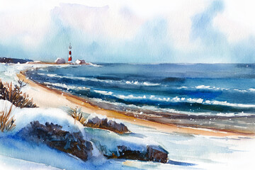 watercolor baltic sea ocean landscape lighthouse