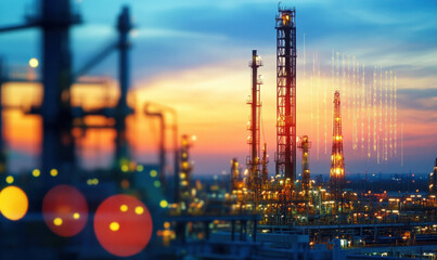 Silhouetted industrial complex at sunset, illuminated by bright lights, evokes sense of power and industry