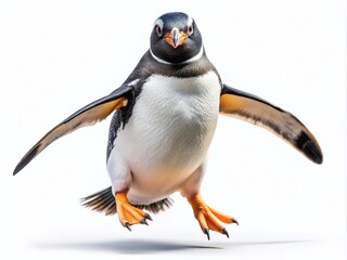 Obraz premium A joyful penguin leaps with outstretched wings and flippers, showcasing its playful spirit in a vibrant, isolated scene