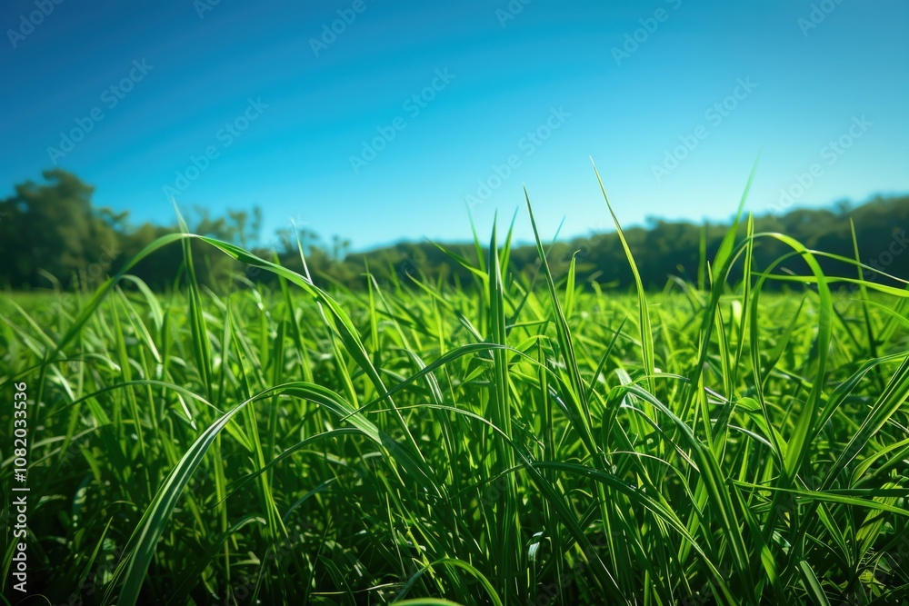 Poster a serene landscape with lush green grass and trees in the background, perfect for use in nature-insp