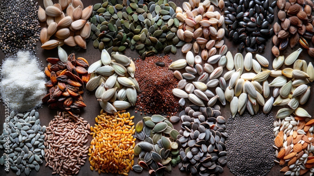 Poster A selection of various nuts and seeds arranged on a table for snacking or culinary use