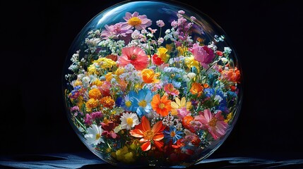 Fototapeta premium Colorful flowers encased in a glass sphere, showcasing nature's beauty.