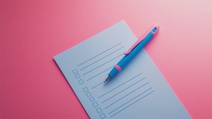Blue Pen on Blank Checklist Paper with Pink Background for Planning, Organizing Tasks, and Productivity Management in Personal and Professional Settings