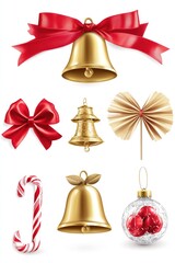 A festive arrangement of Christmas bells and decorations against a white background
