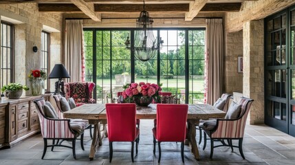 Rustic Dining Room with Stone Walls, Wooden Beams, and French Doors