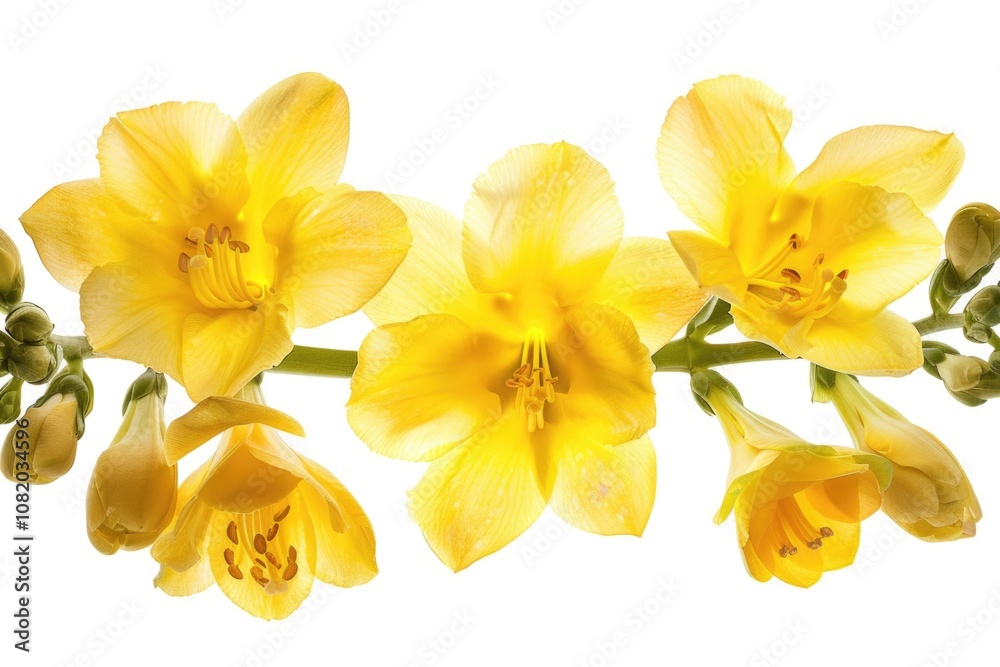 Poster a group of bright yellow flowers arranged neatly on a pure white background, ideal for use in design