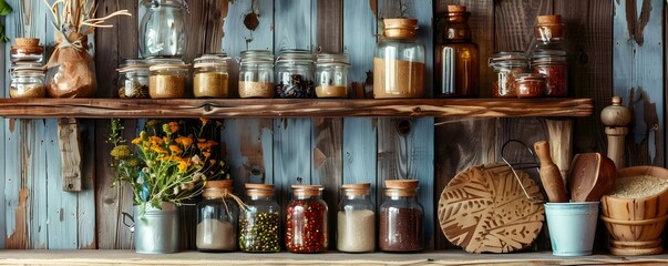A rustic kitchen shelf displaying jars of spices, herbs, and natural ingredients.
