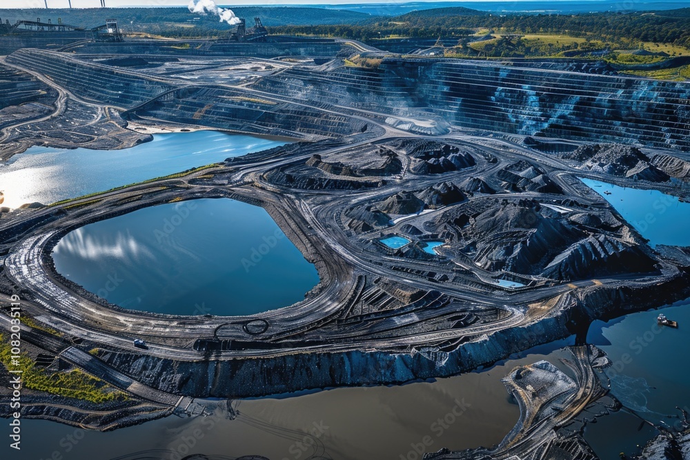Poster aerial view of a large open pit mine or quarry, with earth and rock excavated to reveal the underlyi