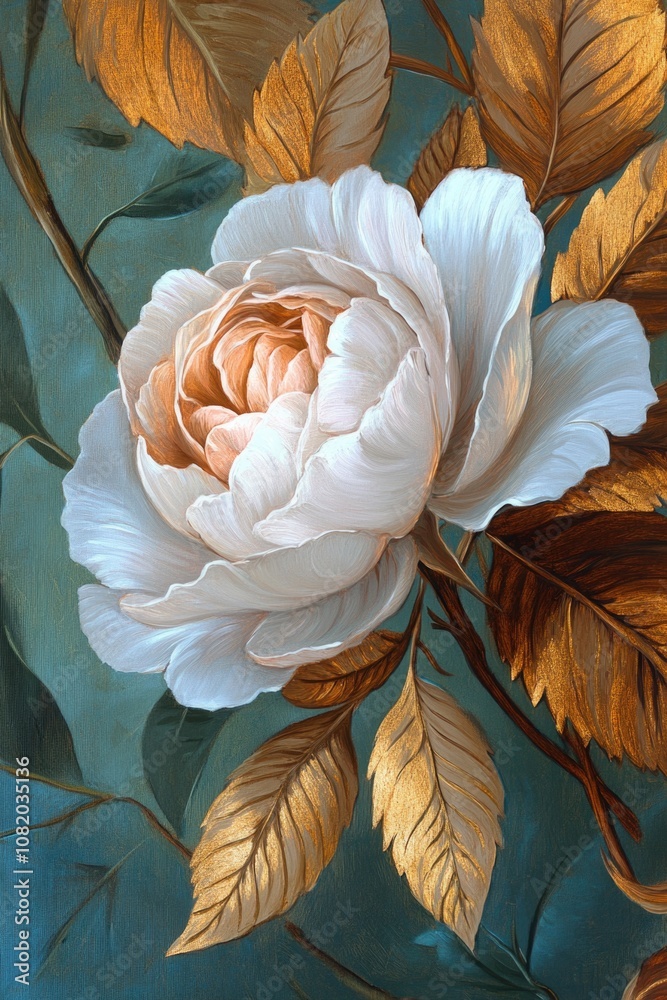 Poster a close-up image of a white rose with golden leaves, ideal for use in designs related to elegance an