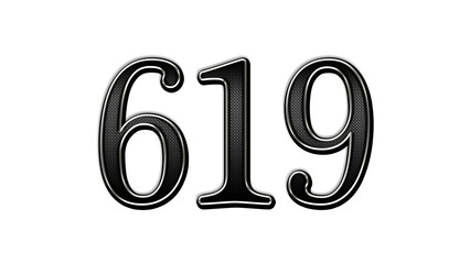 black metal 3d design of number 619 on white background.	