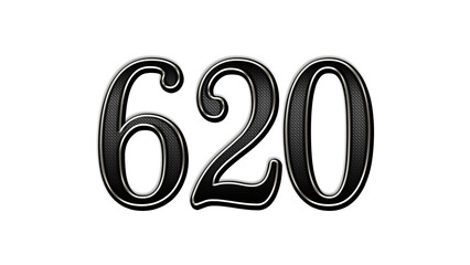 black metal 3d design of number 620 on white background.	