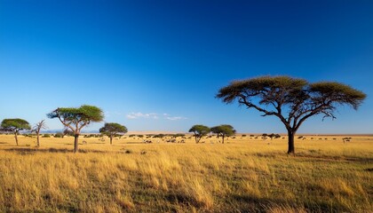 Obraz premium Vast Open Savannah Stretching to the Horizon, With Towering Acacia Trees Dotted Across the Landscape, Beneath a Clear Blue Sky and Gently Grazing Herds in the Distance