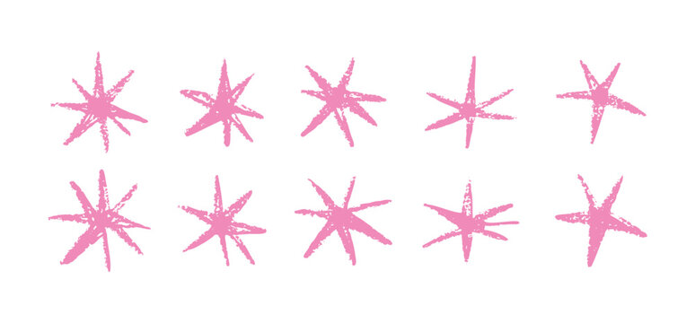 Naklejki Shape pink hand drawn stars elements, abstract. Graphic pink stars scribble doodles, color collage.