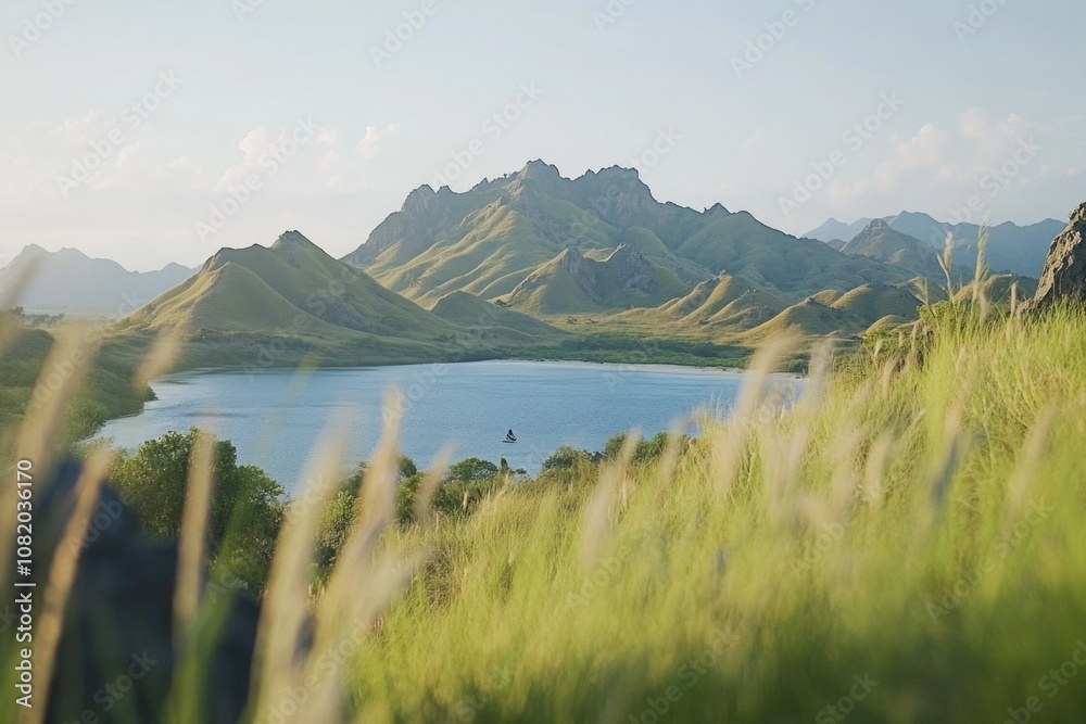 Poster a serene landscape featuring a mountain range and a calm lake in the foreground, perfect for use in 