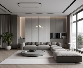 Aesthetic elegant minimalist modern interior design. Clear mock up empty wall for decoration in the apartment. Copy space in the room. Neutral palette of natural colors.