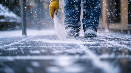 A devoted city worker, recognized by their gloves, methodically spreads salt on the snowy sidewalk to ensure pedestrian safety and prevent potential accidents in harsh winter weather