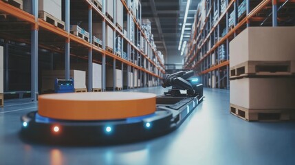 Distribution Center with Robotic Palletizing System: Highlighting Robotics, Automation, and Efficiency in Palletizing Process with Detailed View of Robotic Systems in Action