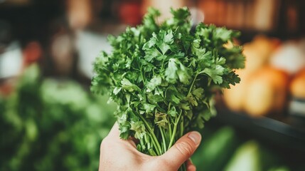 Macro view of a confident chef s hand holding a freshly chopped herb, vibrant green leaves in sharp focus, kitchen utensils and ingredients blurred behind