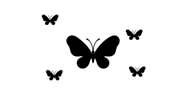 Zoom in and out animation the butterfly symbol. Large black symbol in the center and four small symbols around. Seamless looped 4k animation on white background