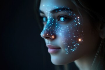 A close-up image of a woman's face with small glowing dots on her skin, possibly representing acne or other skin issues