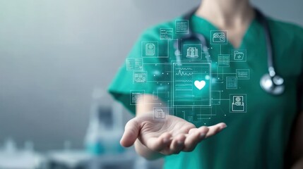 Nurse in green scrubs holds hand out with floating digital health symbols above with medical records icons in the background, representing health records, medical care